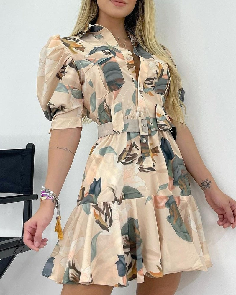 Women&amp;#39;s printed dress 2021 summer new ladies temperament high waist mid-length bubble short-sleeved dress