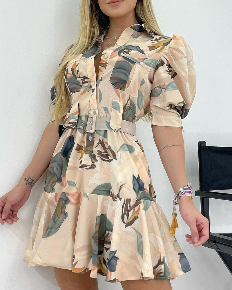 Women&amp;#39;s printed dress 2021 summer new ladies temperament high waist mid-length bubble short-sleeved dress