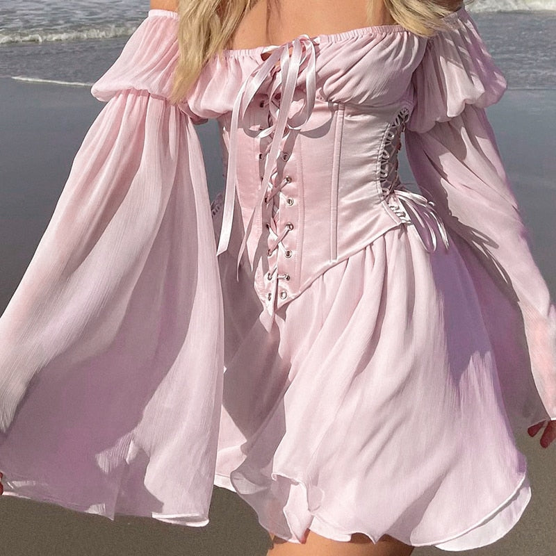 IAMHOTTY Chiffon Slash Neck Mini Dress Women Summer Beach Vacation Long Sleeve Corset Bandage Sundress Party Casual Dresses Pink