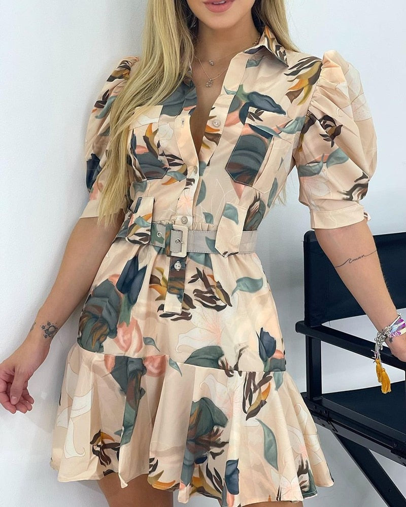 Women&amp;#39;s printed dress 2021 summer new ladies temperament high waist mid-length bubble short-sleeved dress