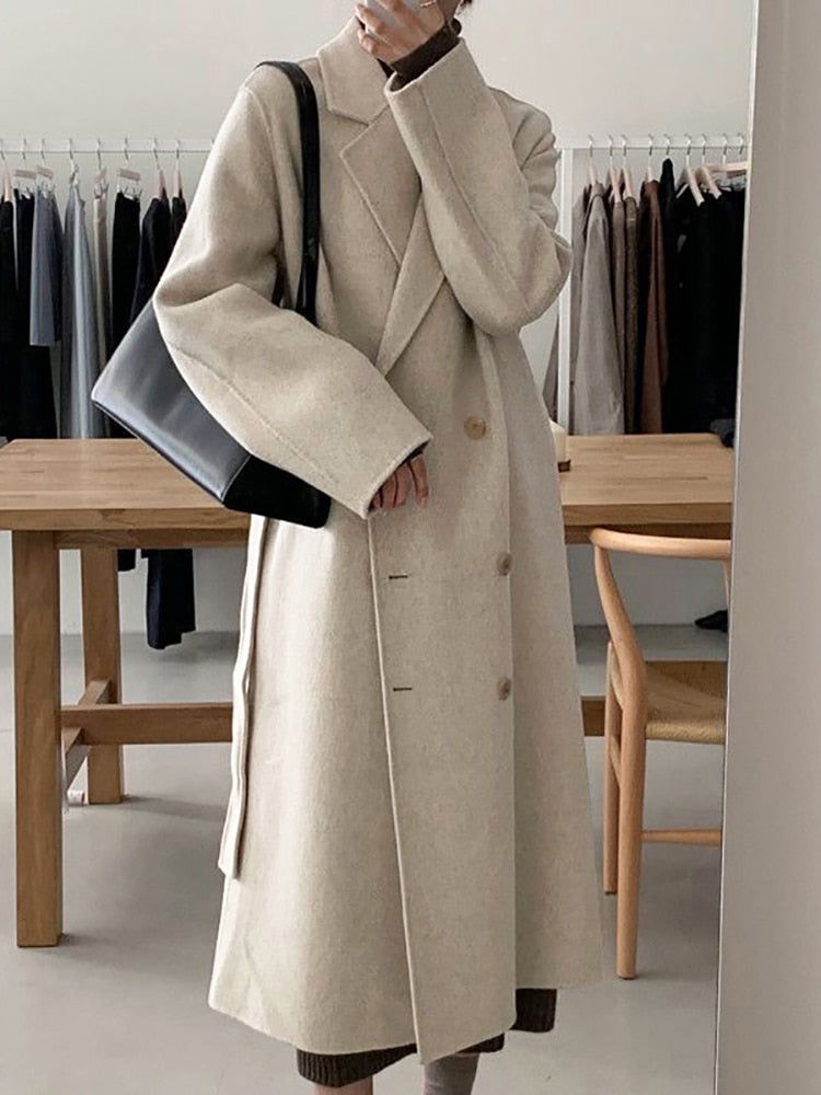 Aachoae Women Elegant Long Wool Coat With Belt Solid Color Long Sleeve Chic Outerwear Ladies Drop Shoulder Overcoat 2022