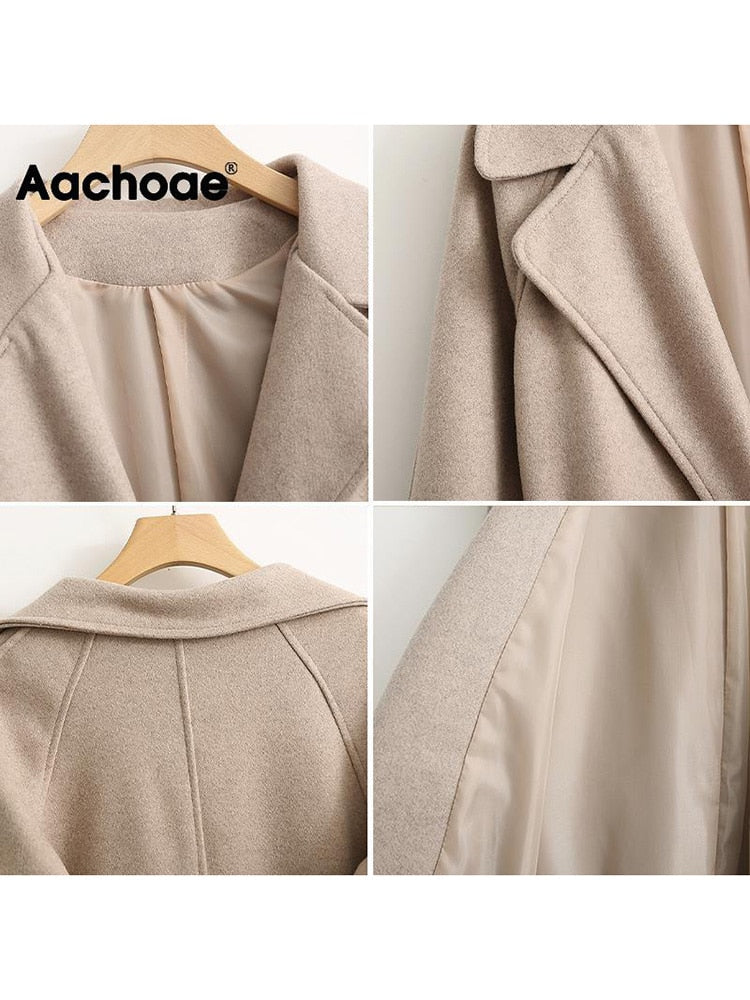 Aachoae Women Elegant Long Wool Coat With Belt Solid Color Long Sleeve Chic Outerwear Ladies Drop Shoulder Overcoat 2022