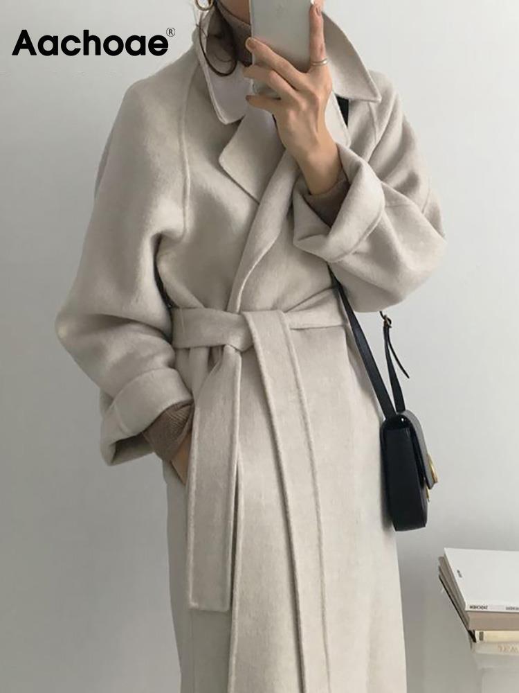 Aachoae Women Elegant Long Wool Coat With Belt Solid Color Long Sleeve Chic Outerwear Ladies Drop Shoulder Overcoat 2022