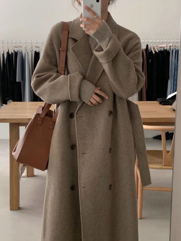 Aachoae Women Elegant Long Wool Coat With Belt Solid Color Long Sleeve Chic Outerwear Ladies Drop Shoulder Overcoat 2022