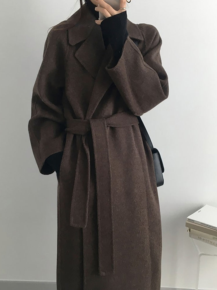 Aachoae Women Elegant Long Wool Coat With Belt Solid Color Long Sleeve Chic Outerwear Ladies Drop Shoulder Overcoat 2022