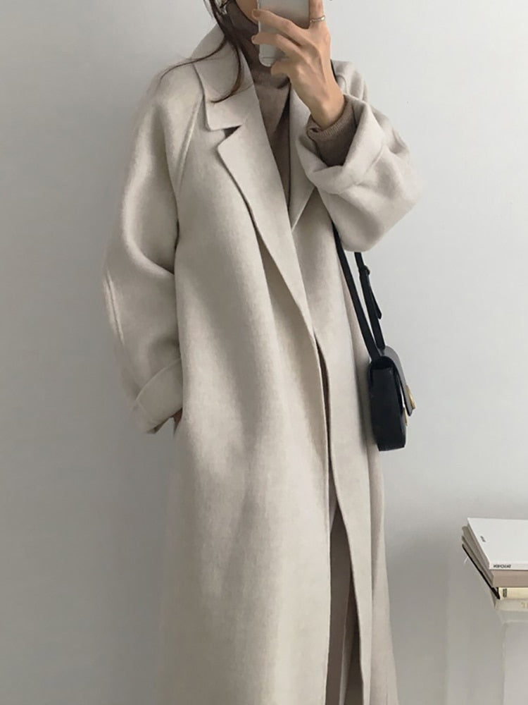 Aachoae Women Elegant Long Wool Coat With Belt Solid Color Long Sleeve Chic Outerwear Ladies Drop Shoulder Overcoat 2022