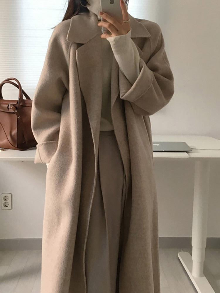 Aachoae Women Elegant Long Wool Coat With Belt Solid Color Long Sleeve Chic Outerwear Ladies Drop Shoulder Overcoat 2022