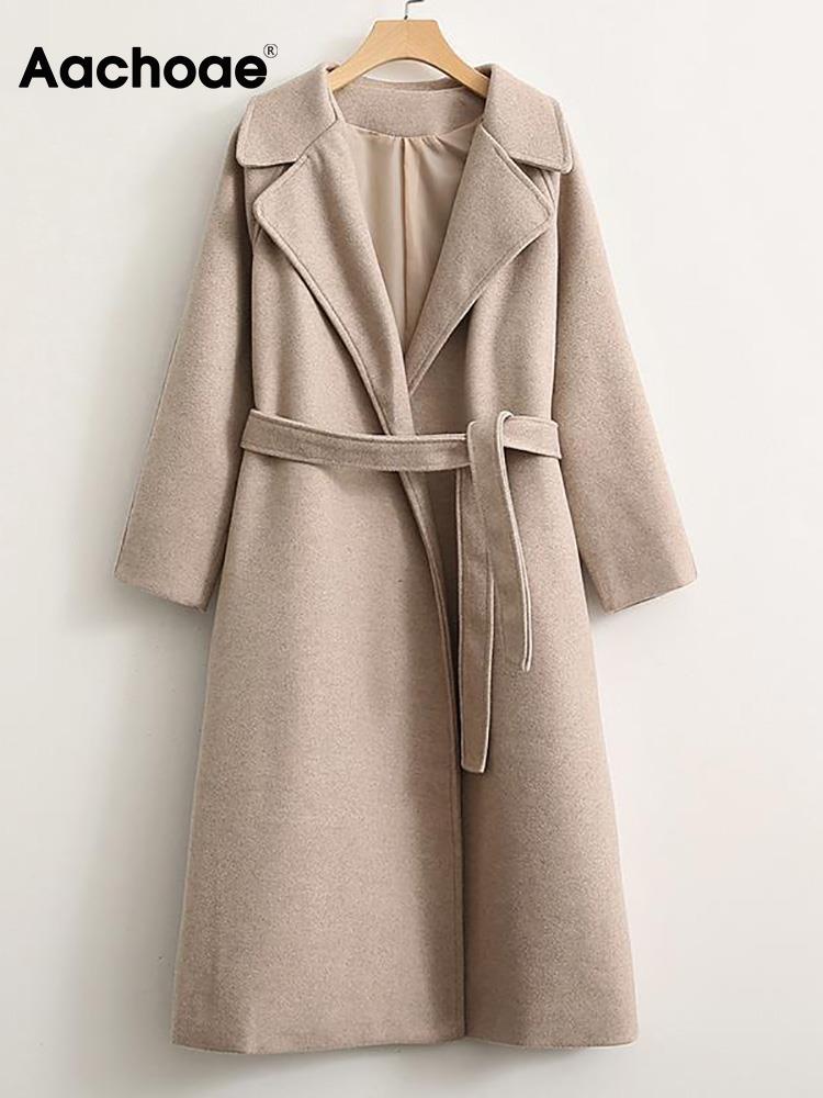 Aachoae Women Elegant Long Wool Coat With Belt Solid Color Long Sleeve Chic Outerwear Ladies Drop Shoulder Overcoat 2022