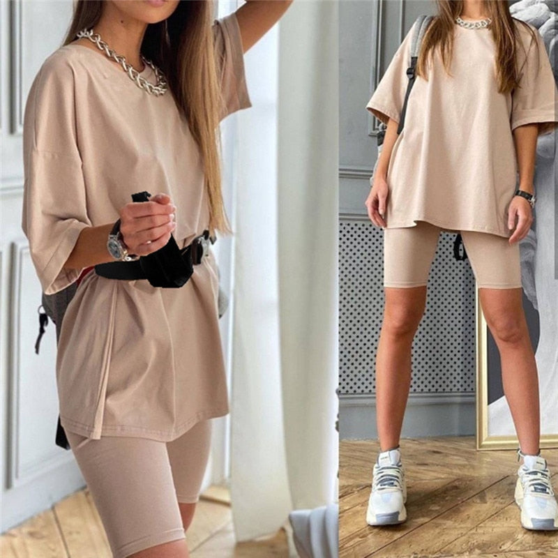 Casual Solid Outfits Women&#39;s Two Piece Suit With Belt Home Loose Sports Tracksuits Fashion Leisure Bicycle Suit Summer