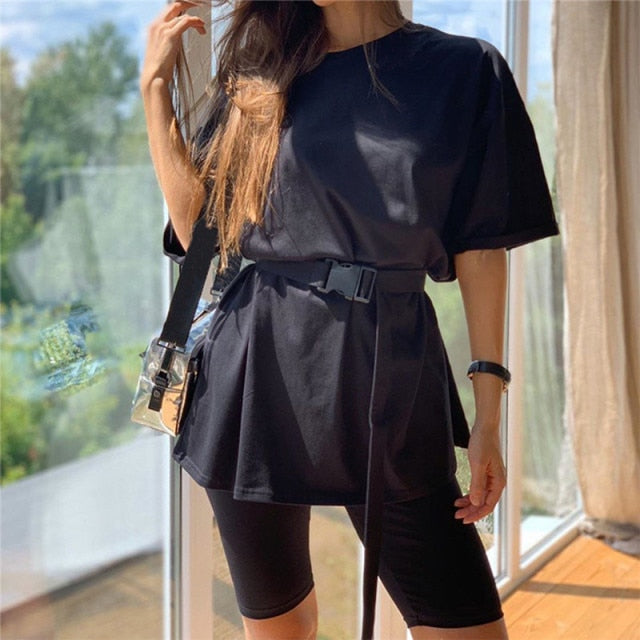 Casual Solid Outfits Women&#39;s Two Piece Suit With Belt Home Loose Sports Tracksuits Fashion Leisure Bicycle Suit Summer