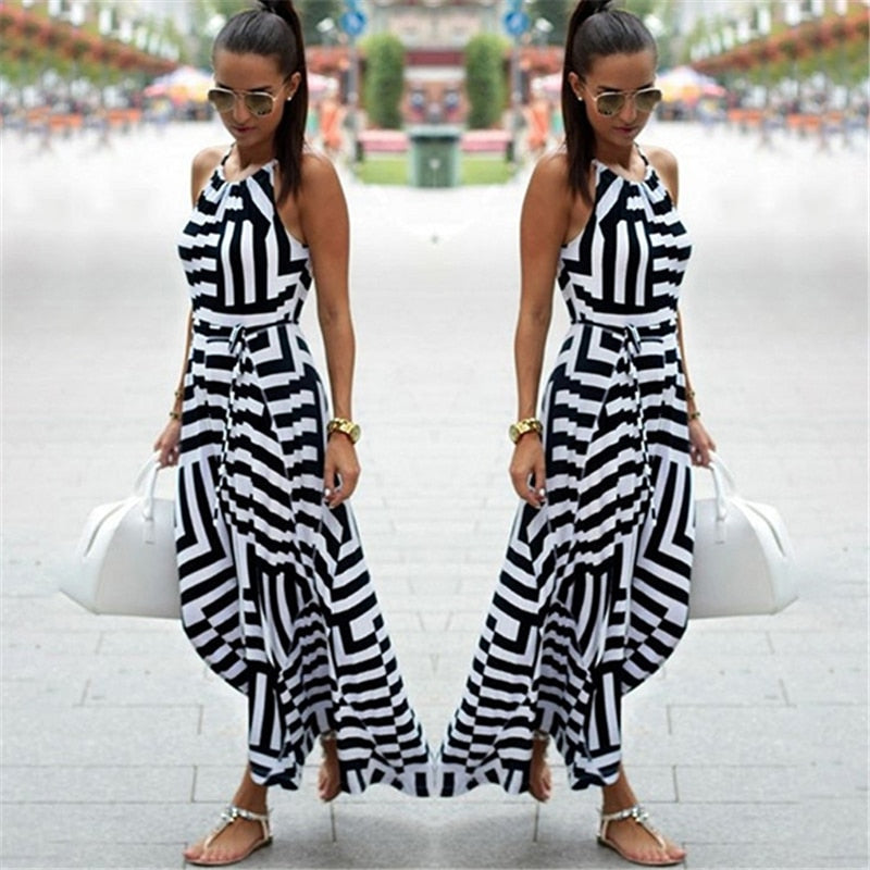 Summer Maxi Long Dress New Fashion Women Sexy Boho Striped Sleeveless Beach Style Strap Sundress Vestidos For Female Bigsweety