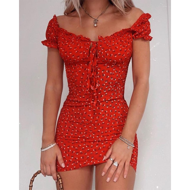 Women Floral Wrap Dress Off Shoulder