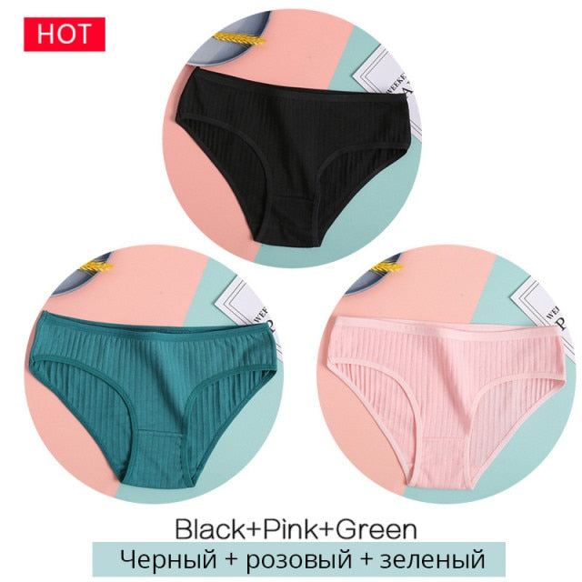 FINETOO 3PCS/Set Women&#39;s Underwear Cotton Panty Sexy Panties Female Underpants Solid Color Panty Intimates Women Lingerie M-2XL