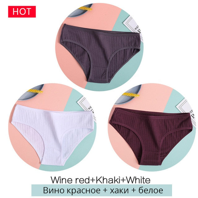 FINETOO 3PCS/Set Women&#39;s Underwear Cotton Panty Sexy Panties Female Underpants Solid Color Panty Intimates Women Lingerie M-2XL