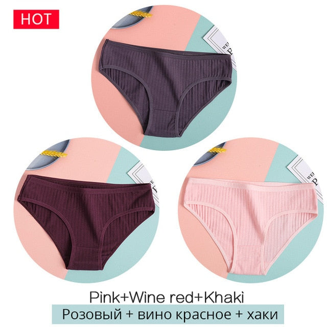 FINETOO 3PCS/Set Women&#39;s Underwear Cotton Panty Sexy Panties Female Underpants Solid Color Panty Intimates Women Lingerie M-2XL