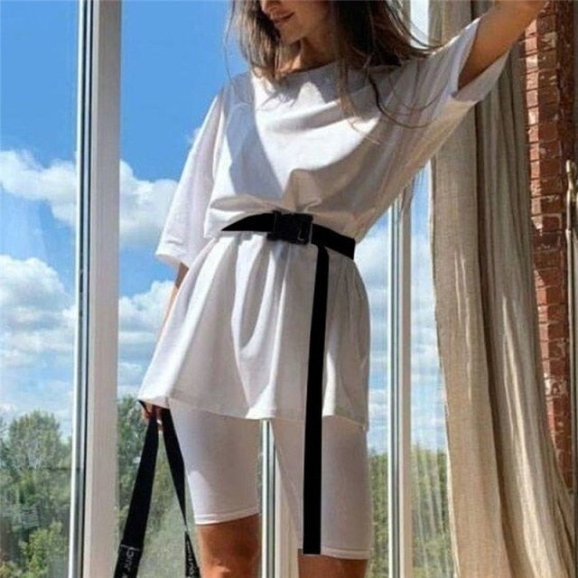 Casual Solid Outfits Women&#39;s Two Piece Suit With Belt Home Loose Sports Tracksuits Fashion Leisure Bicycle Suit Summer