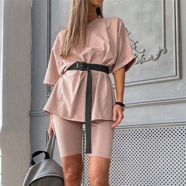 Casual Solid Outfits Women&#39;s Two Piece Suit With Belt Home Loose Sports Tracksuits Fashion Leisure Bicycle Suit Summer