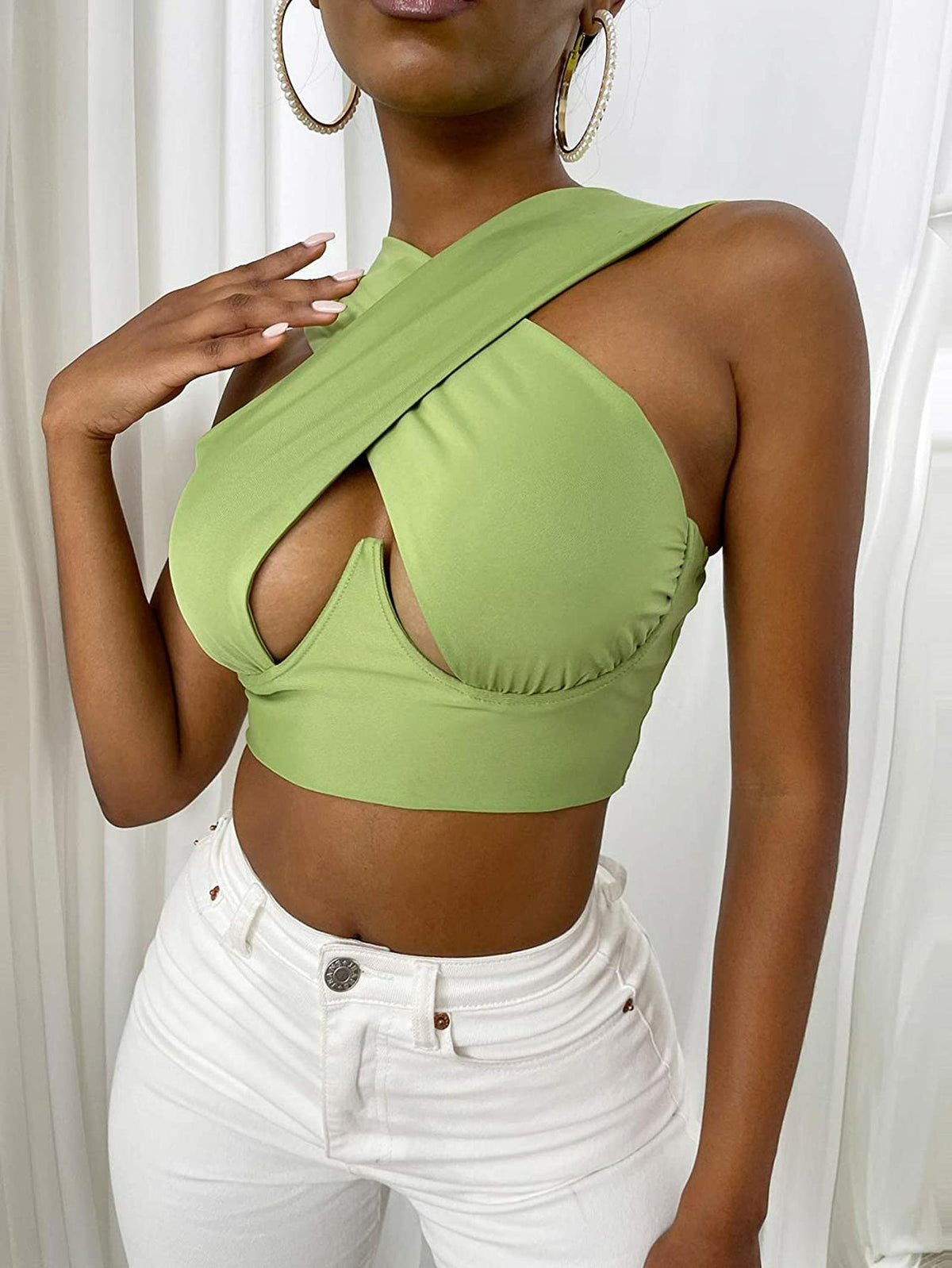 Women&#39;s Criss Cross Tank Tops Sexy Sleeveless Solid Color Cutout Front Crop Tops Party Club Streetwear Summer Lady Bustier Tops