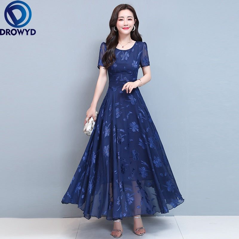 2021 Summer Navy Print Long Dress Women Elegant Bodycon Short Sleeve Dress Chic Lady Vintage A-line Maxi Party Dresses Vestidos