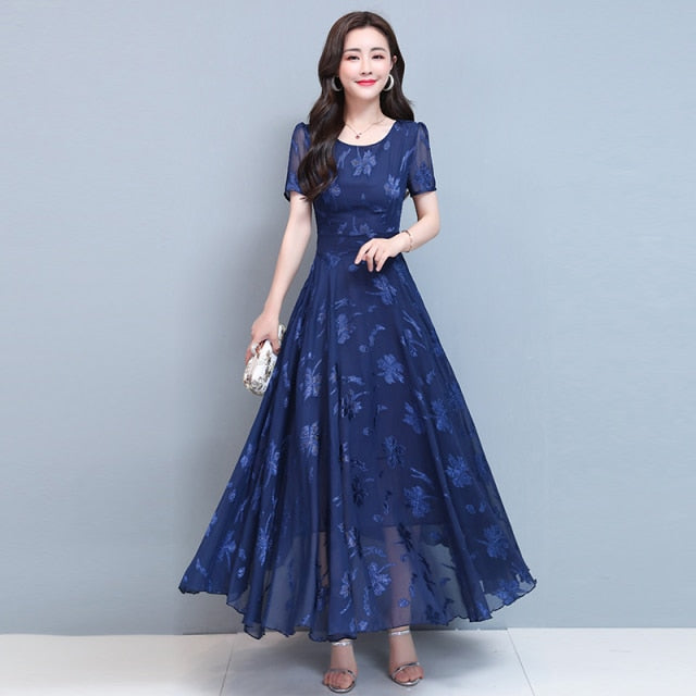 2021 Summer Navy Print Long Dress Women Elegant Bodycon Short Sleeve Dress Chic Lady Vintage A-line Maxi Party Dresses Vestidos