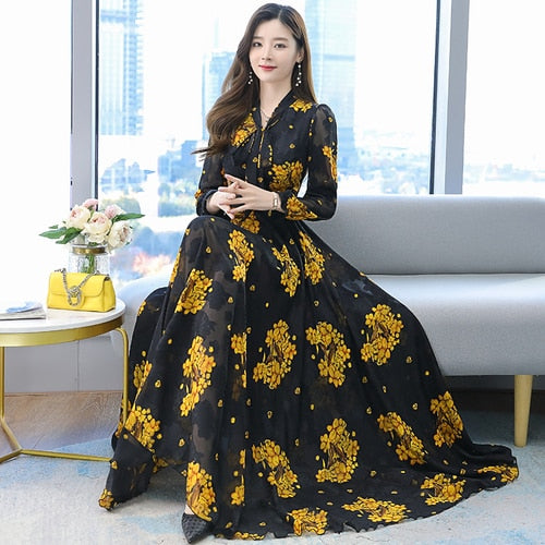 2021 Summer Black Print Maxi Dress New Arrival High Quality Plus Size S-4XL Flower Long Sleeve Women Chiffon Long Dress Vestidos