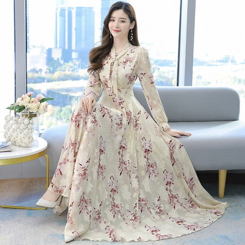 2021 Summer Black Print Maxi Dress New Arrival High Quality Plus Size S-4XL Flower Long Sleeve Women Chiffon Long Dress Vestidos