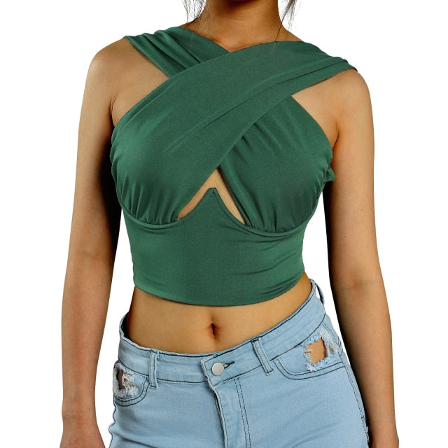 Women&#39;s Criss Cross Tank Tops Sexy Sleeveless Solid Color Cutout Front Crop Tops Party Club Streetwear Summer Lady Bustier Tops