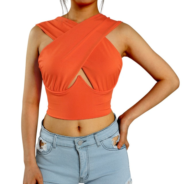 Women&#39;s Criss Cross Tank Tops Sexy Sleeveless Solid Color Cutout Front Crop Tops Party Club Streetwear Summer Lady Bustier Tops