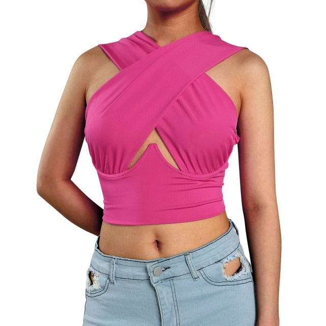 Women&#39;s Criss Cross Tank Tops Sexy Sleeveless Solid Color Cutout Front Crop Tops Party Club Streetwear Summer Lady Bustier Tops