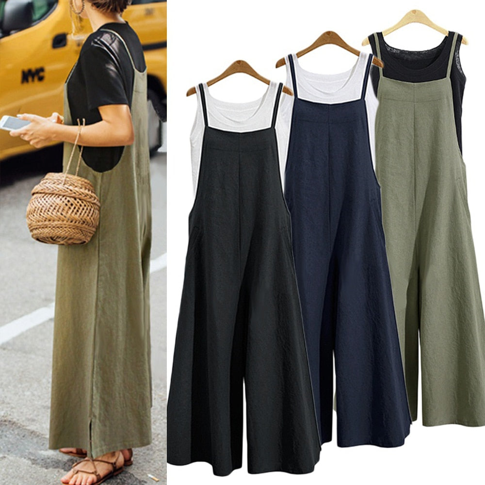 Women Strap Loose Jumpsuit Summer Casual Wide Leg Pants Solid Dungaree Bib Overalls Sleeveless Oversized Cotton Linen Jumpsuits