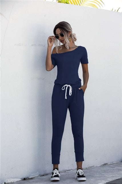 Fashion Women Summer Solid Color Jumpsuits Drawstring Design Pockets Decor Oblique Collar Short Sleeve Mid Waist Slim Jumpsuits