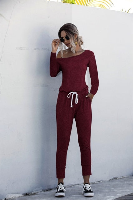 Fashion Women Summer Solid Color Jumpsuits Drawstring Design Pockets Decor Oblique Collar Short Sleeve Mid Waist Slim Jumpsuits