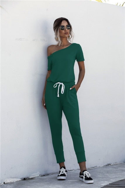 Fashion Women Summer Solid Color Jumpsuits Drawstring Design Pockets Decor Oblique Collar Short Sleeve Mid Waist Slim Jumpsuits