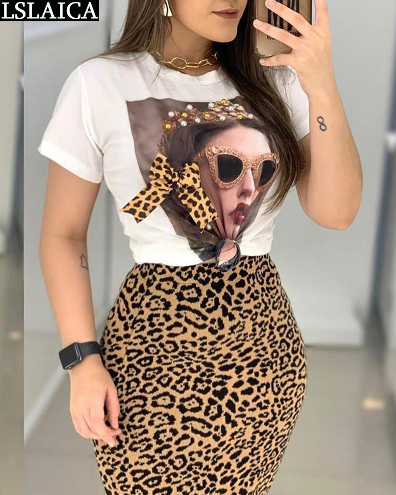 Two Peice Set For Women Casual O-Neck T Shirt&amp; Skirt Set Fashion Leopard Print Office Women Set Elegance Skinny Ropa Femenina